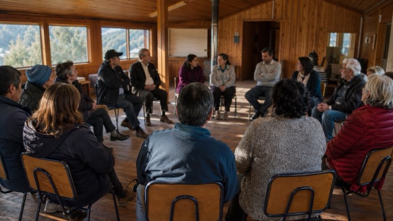 Vecinos reunidos en círculo dentro de una sede vecinal de madera en Pucón, conversando